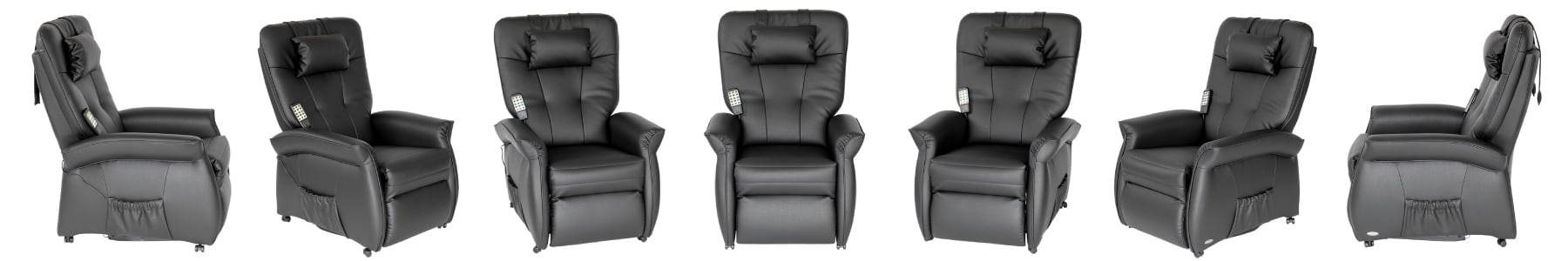 Throner Exklusiv. Collage des Sessels in Farbe Schwarz in verschiedenen Winkeln. Linke Seite über die Frontseite zur Rechnten Seite.