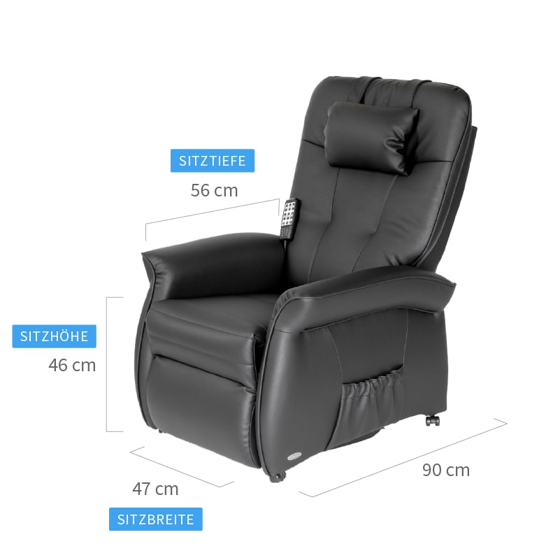 Throner Exklusiv Produktmaße, Sesseltiefe 90 cm. Die Sitzhöhe beträgt ca. 46 cm, die Sitzbreite ca. 47 cm und die Sitztiefe ca. 57 cm.